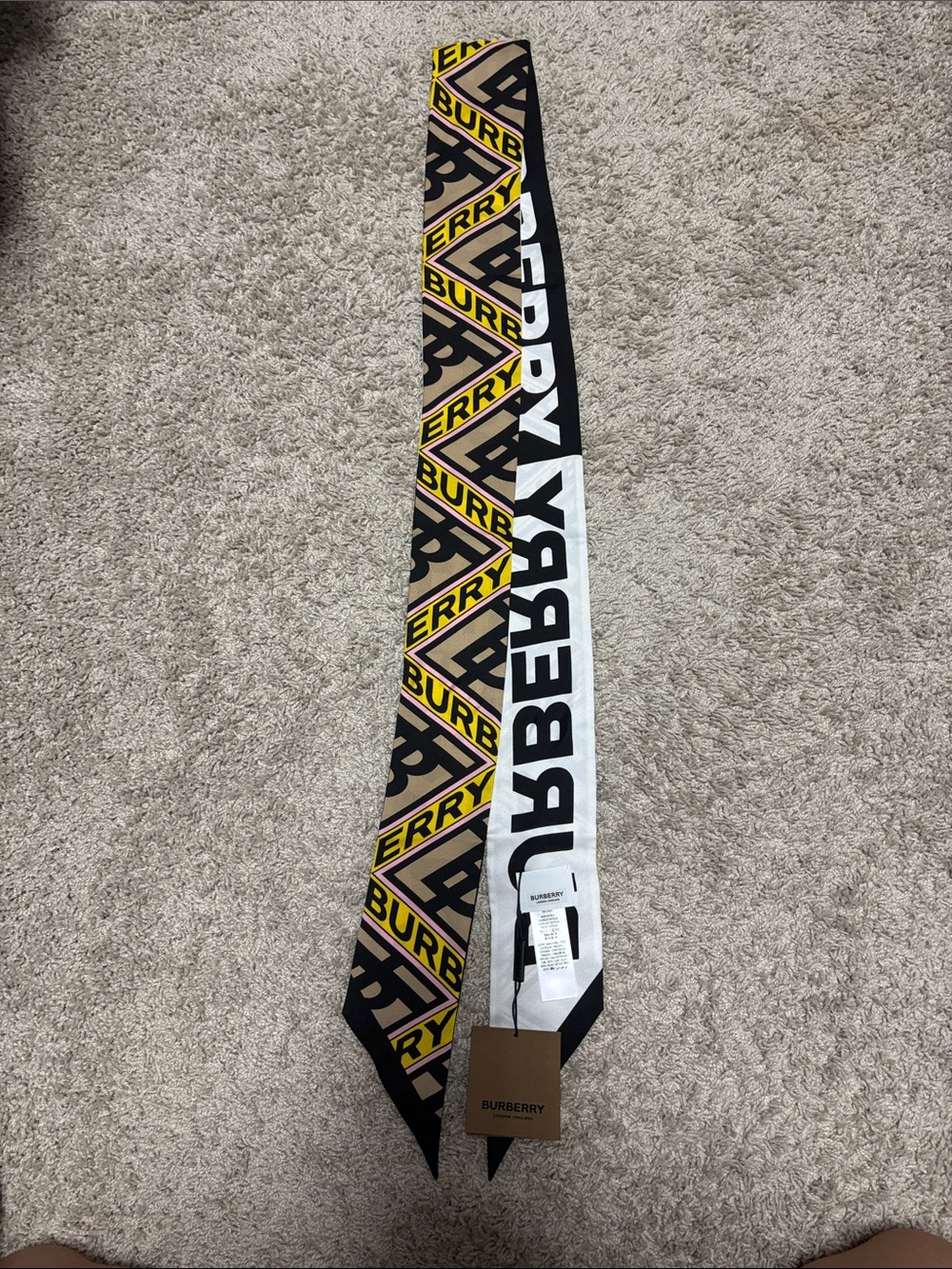 Burberry Black, Beige & Yellow Logo Silk Skinny Scarf